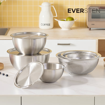 Mixing Bowl Full Set with Strainers (3 Stainless Bowls + 3 Strainers + 3 Lids)_ Korea Direct Delivery E