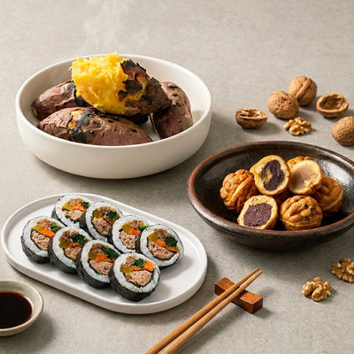 [Hakhwa] Walnut Cake with Red Bean Paste 600g + Tuna Mayo Kimbap 240g x 3 + Frozen Roasted Sweet Potato (Set)
