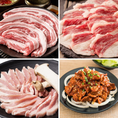 슬라이스 삼겹살 3lb + 차돌박이 2lb + 항정살 슬라이스 1lb + 매운 돼지불고기 2lb