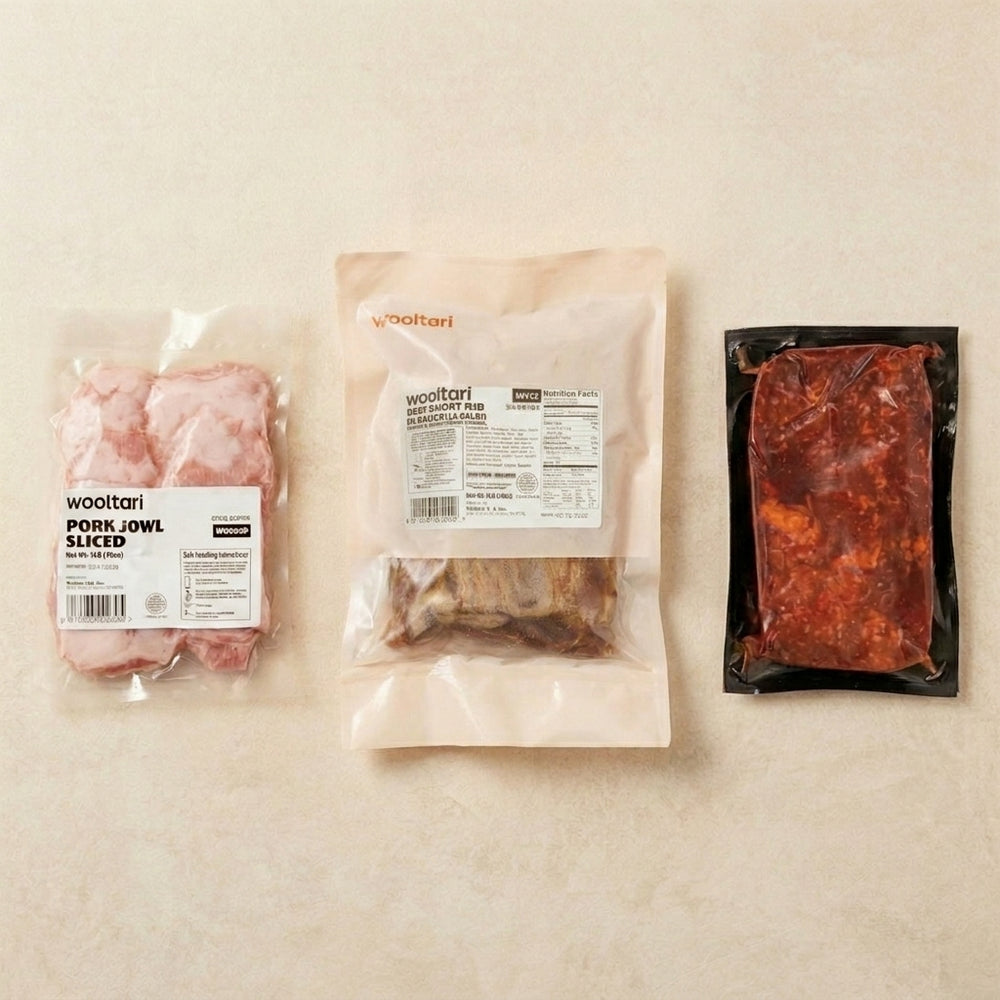 [Wooltari] Marinated Beef Short Ribs 3lb + Sliced Pork Jowl 1lb + Chicken Thigh in Hot Sauce 2lb (Set)
