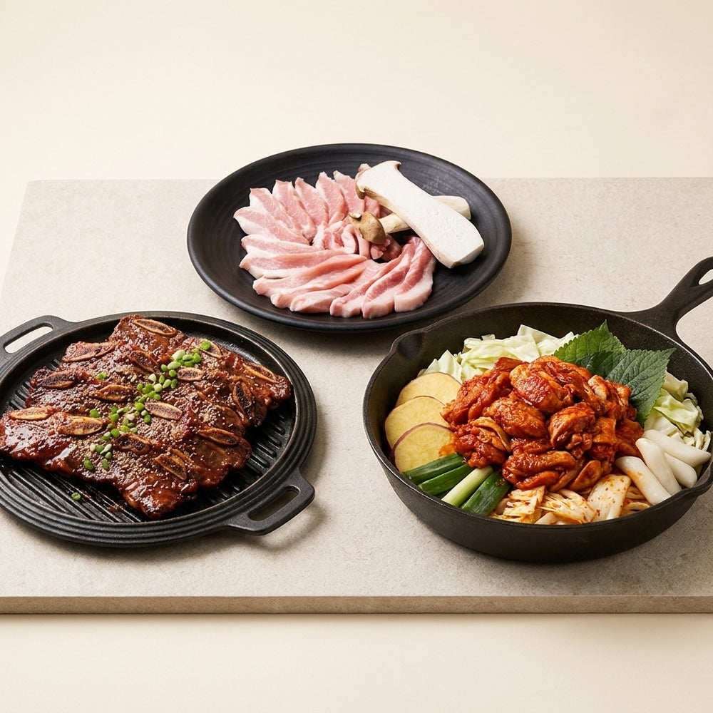 [Wooltari] Marinated Beef Short Ribs 3lb + Sliced Pork Jowl 1lb + Chicken Thigh in Hot Sauce 2lb (Set)