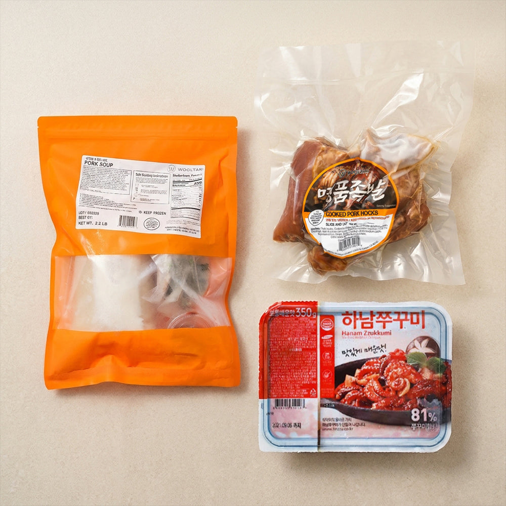 [Wooltari] Cooked Pork Hock (1.4lb ~ 1.8lb) + Pork Bone Soup 2lb + [Hanam] Stir-fried Webfoot Octopus 350g

