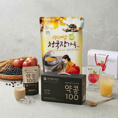 [성필립보생태마을] 생태맘 청국장 가루 1kg + [밥스누] 약콩 100 두유 (190ml x 20팩) 1 박스 + [소백산하늘] 영주 사과주스 (110ml x 30팩) 1박스_ 무료배송특가 (묶음)